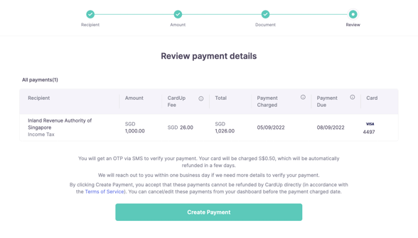 Review your payment details before scheduling on CardUp